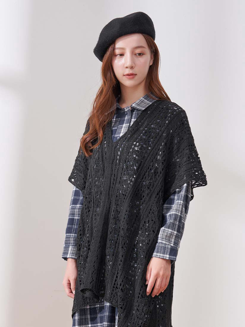 簍空針織罩衫格紋綁帶洋裝組合-ABDE