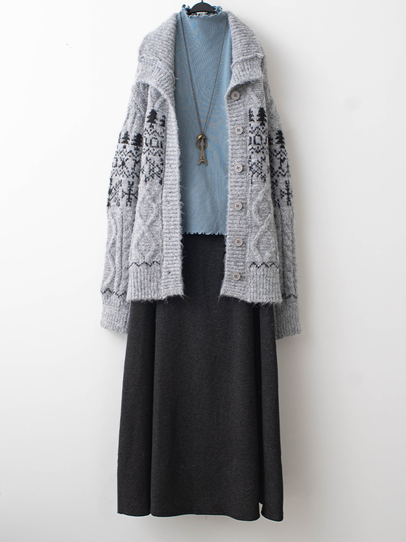 粗針麻花翻領外套羅紋針織上衣針織棉A字裙組合