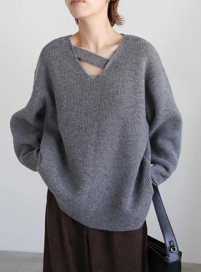 SELECT MOCA アシンメトリーVネックニットトップス灰（kt325079）