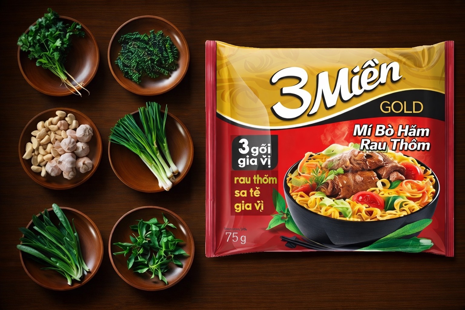3 MIEN GOLD Instant Noodles with Beef and Herbs Flavor (Packet)