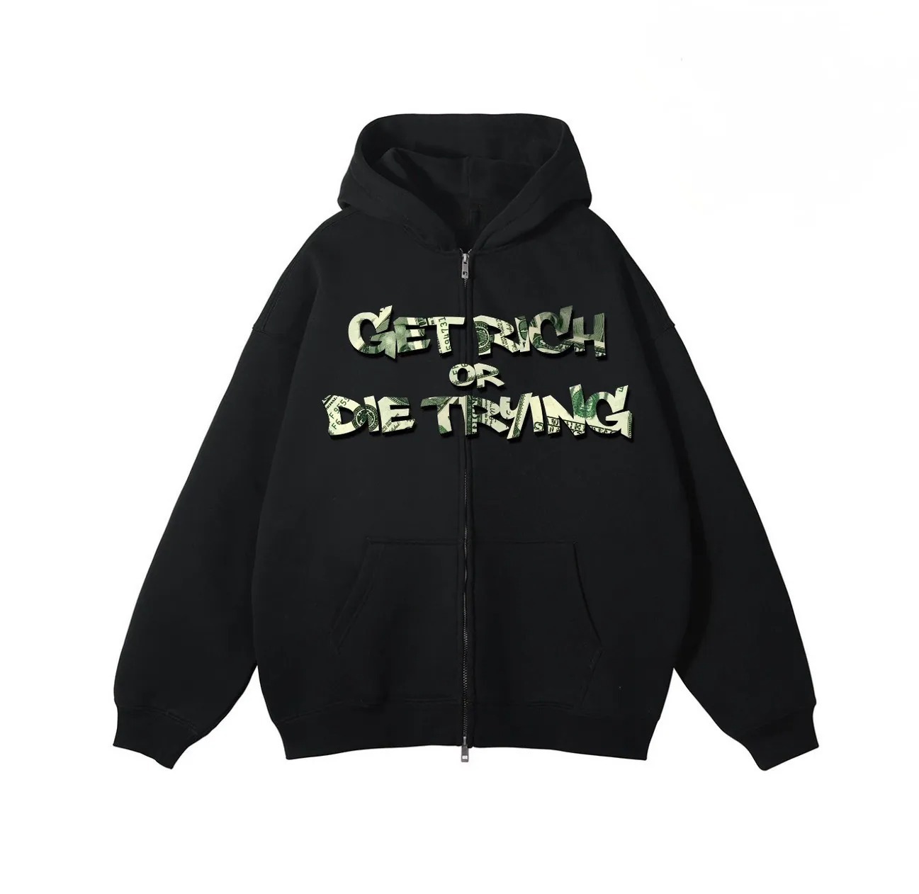 Bootlegway｜"GET RICH OR DIE TRYING" Zip Up Hoodie (Black)