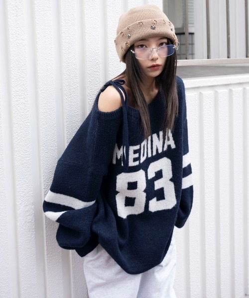 WO 蓬鬆雙向印花單肩大針織衫