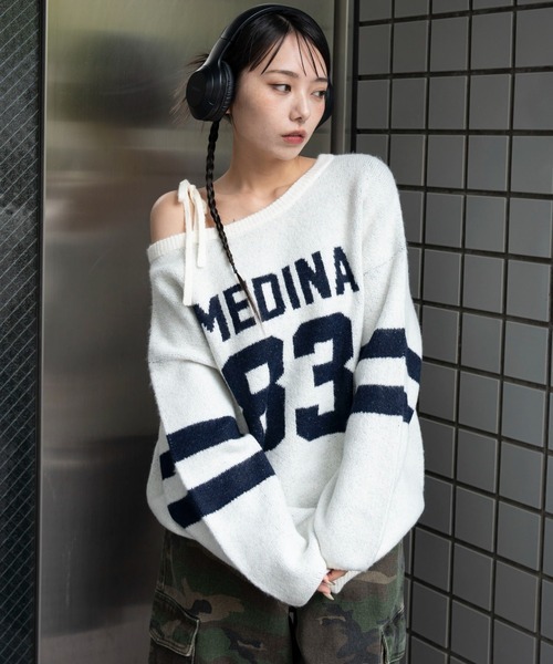 日本預訂 WINTER SALE WO 蓬鬆雙向印花單肩大針織衫