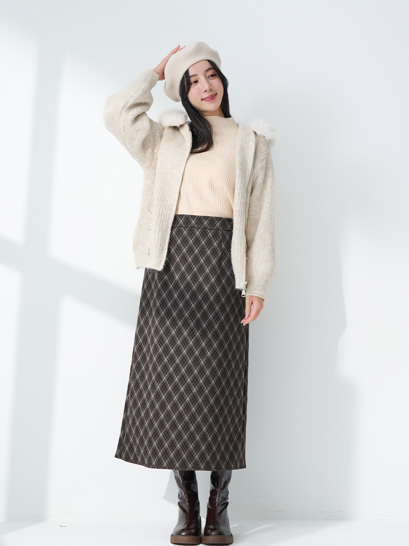 連帽針織外套泡泡袖針織毛衣毛料長裙組合