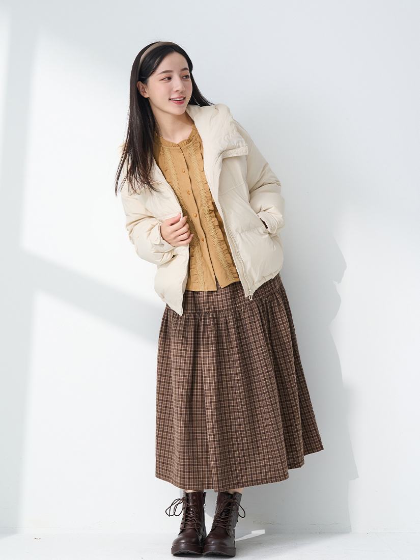 連帽羽絨短外套蕾絲條絨上衣輕磨毛八分裙組合