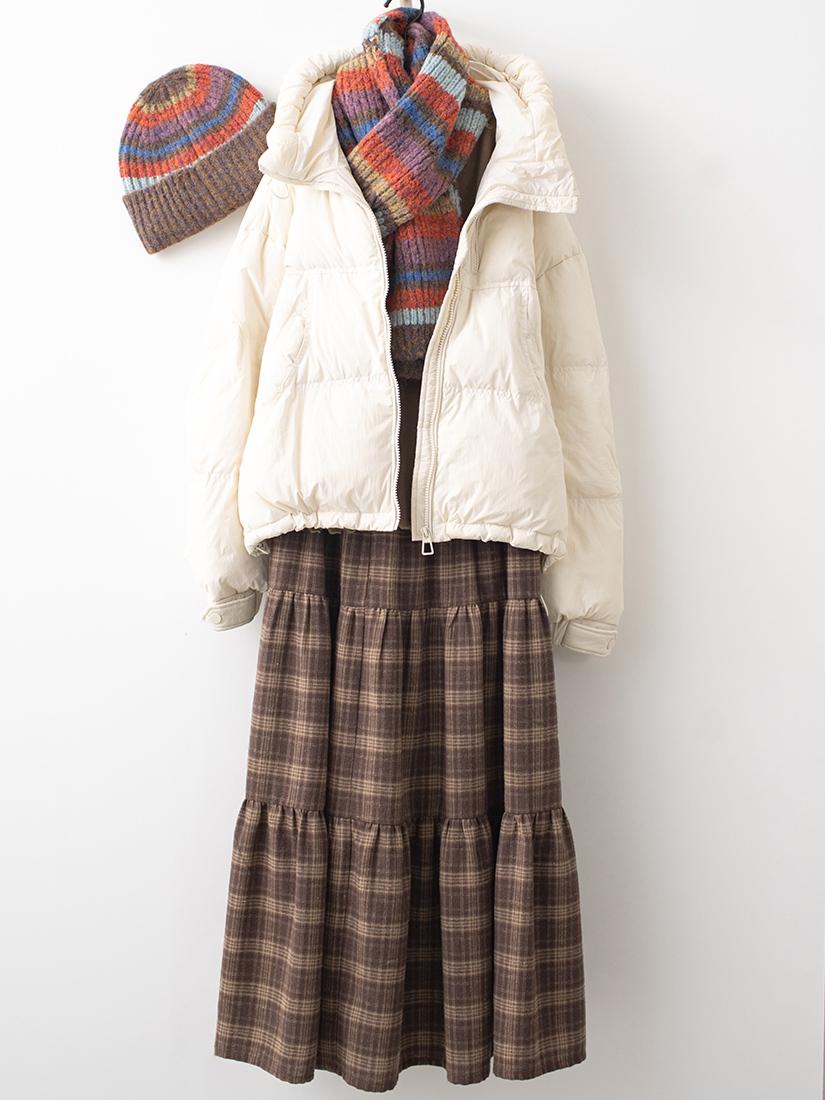 輕盈羽絨外套舒適針織上衣法蘭絨蛋糕裙組合