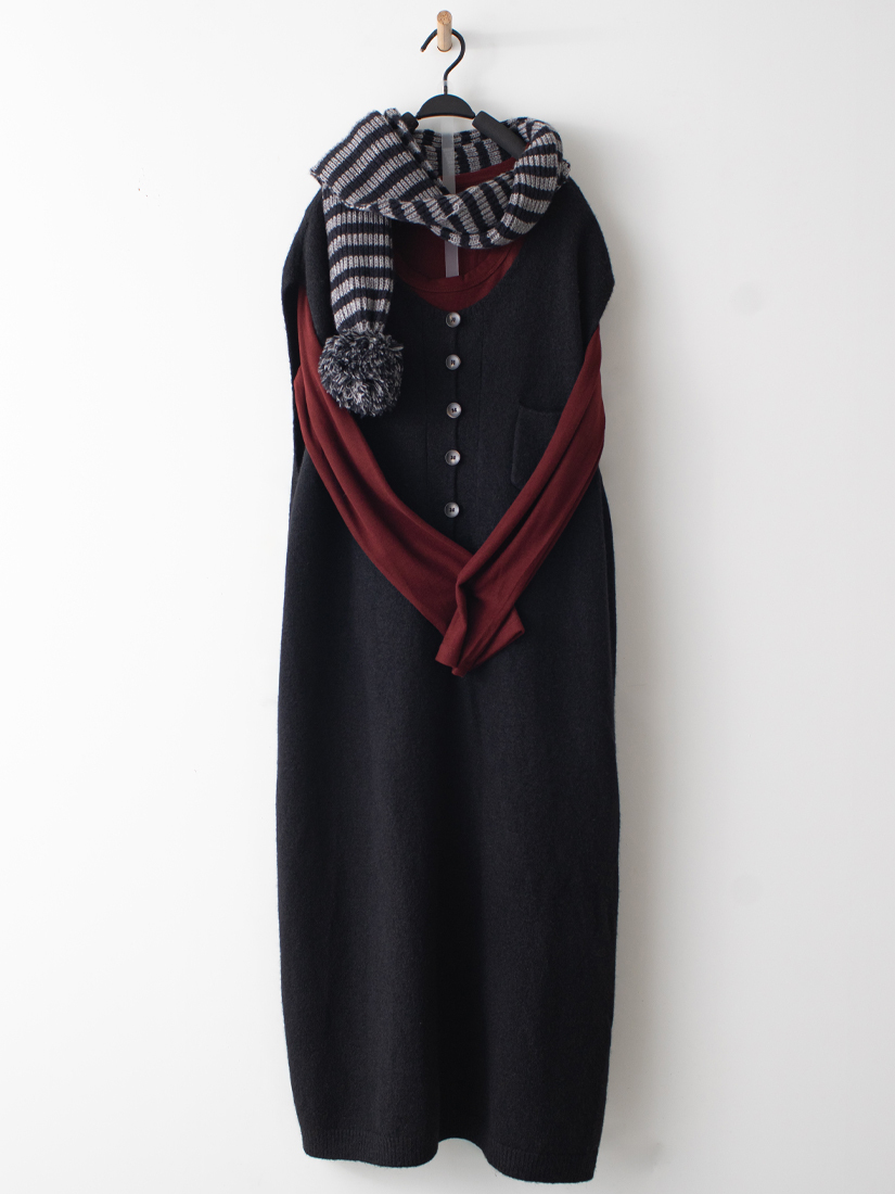 慵懶長版針織背心洋裝圓領磨毛棉絨內搭組合