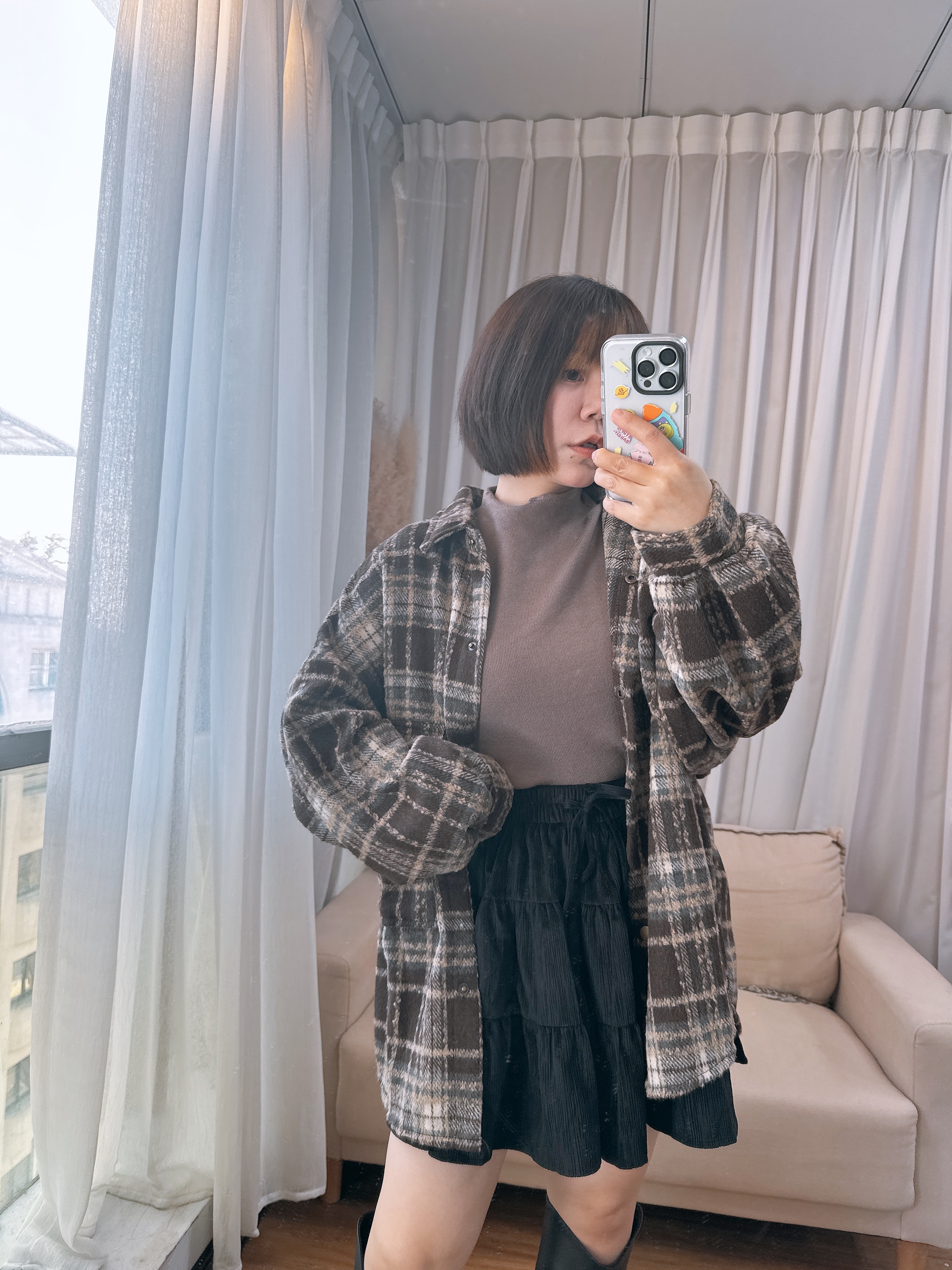 單口袋格紋毛呢針織襯s