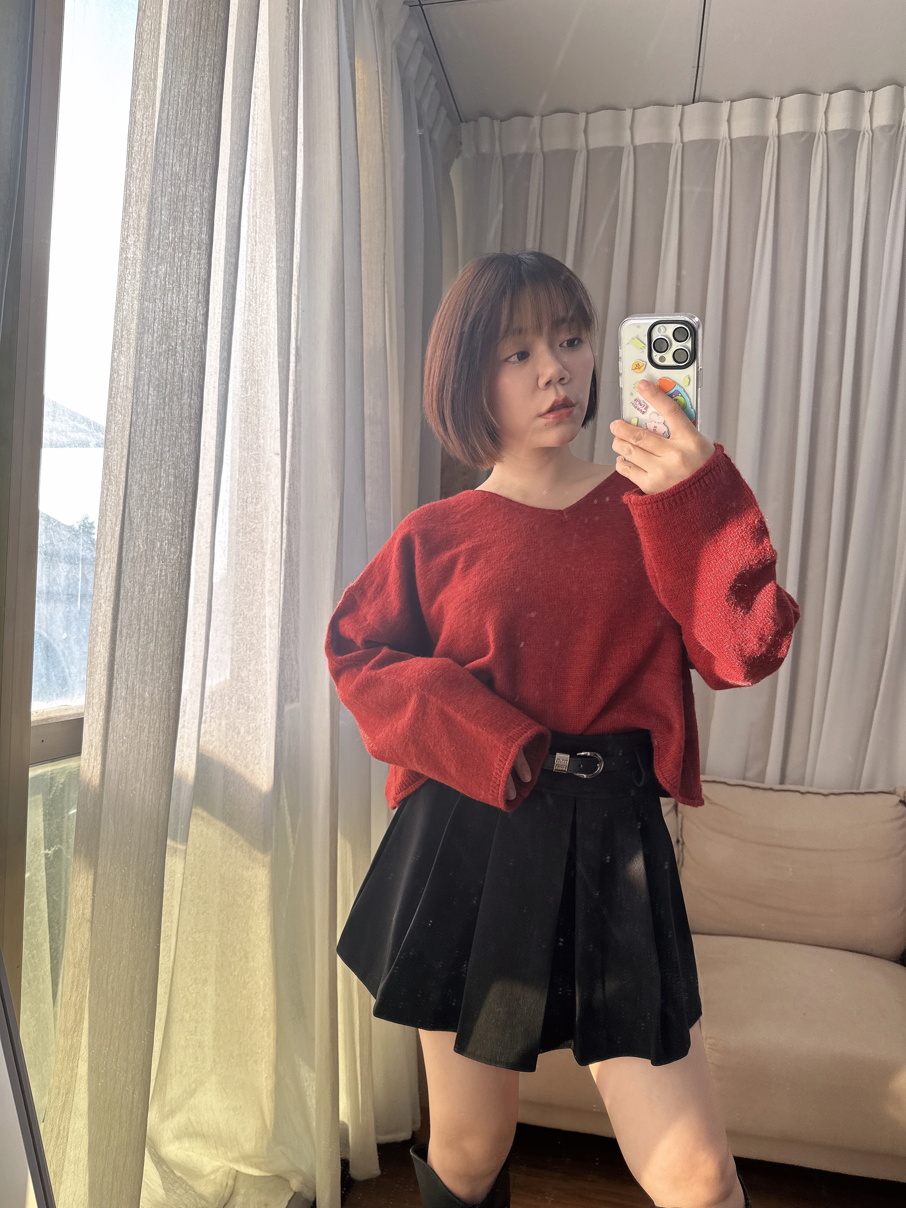 附皮帶毛呢百褶短裙（有安全褲）