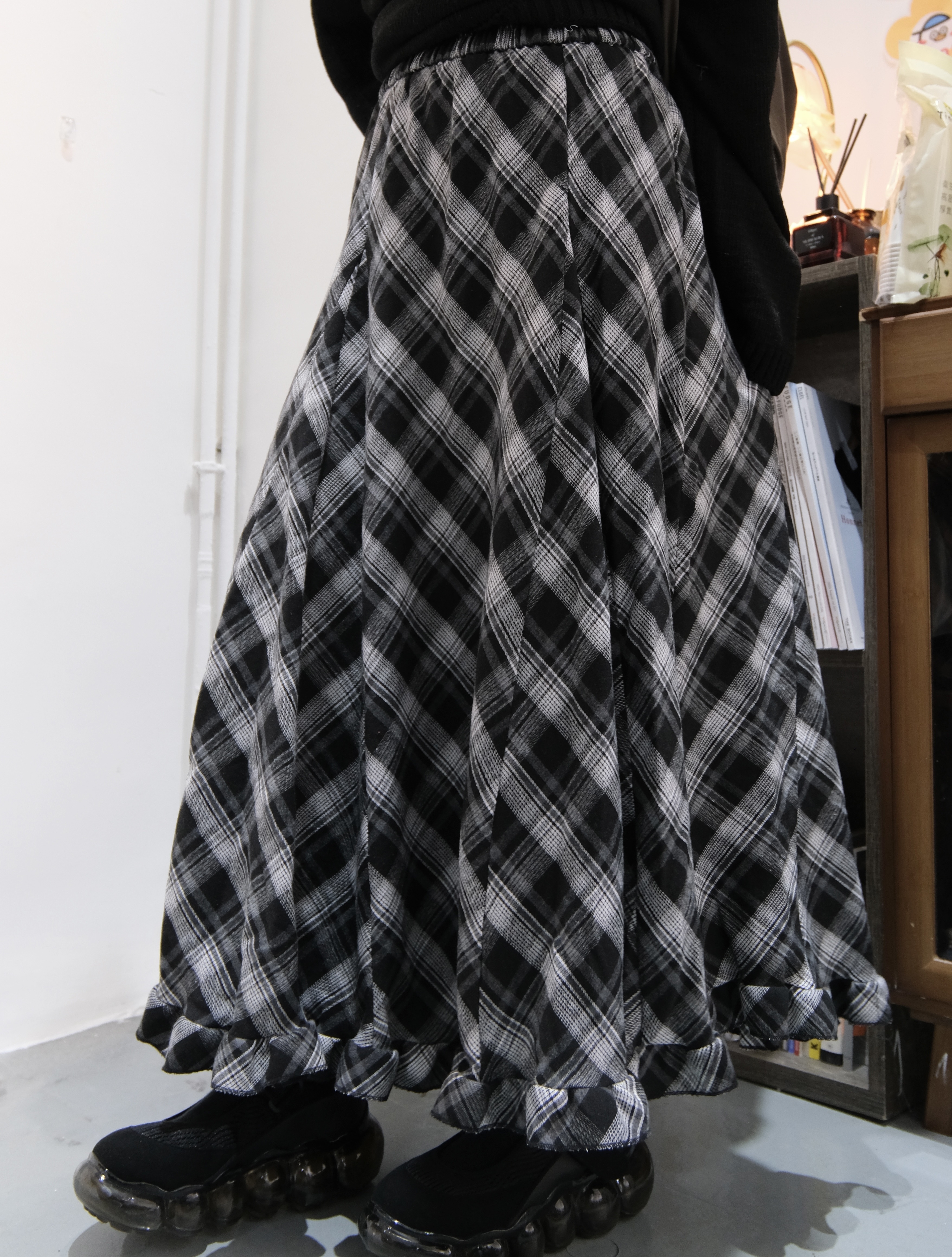 [兩色入]格仔斜紋ruffle SK(Black)