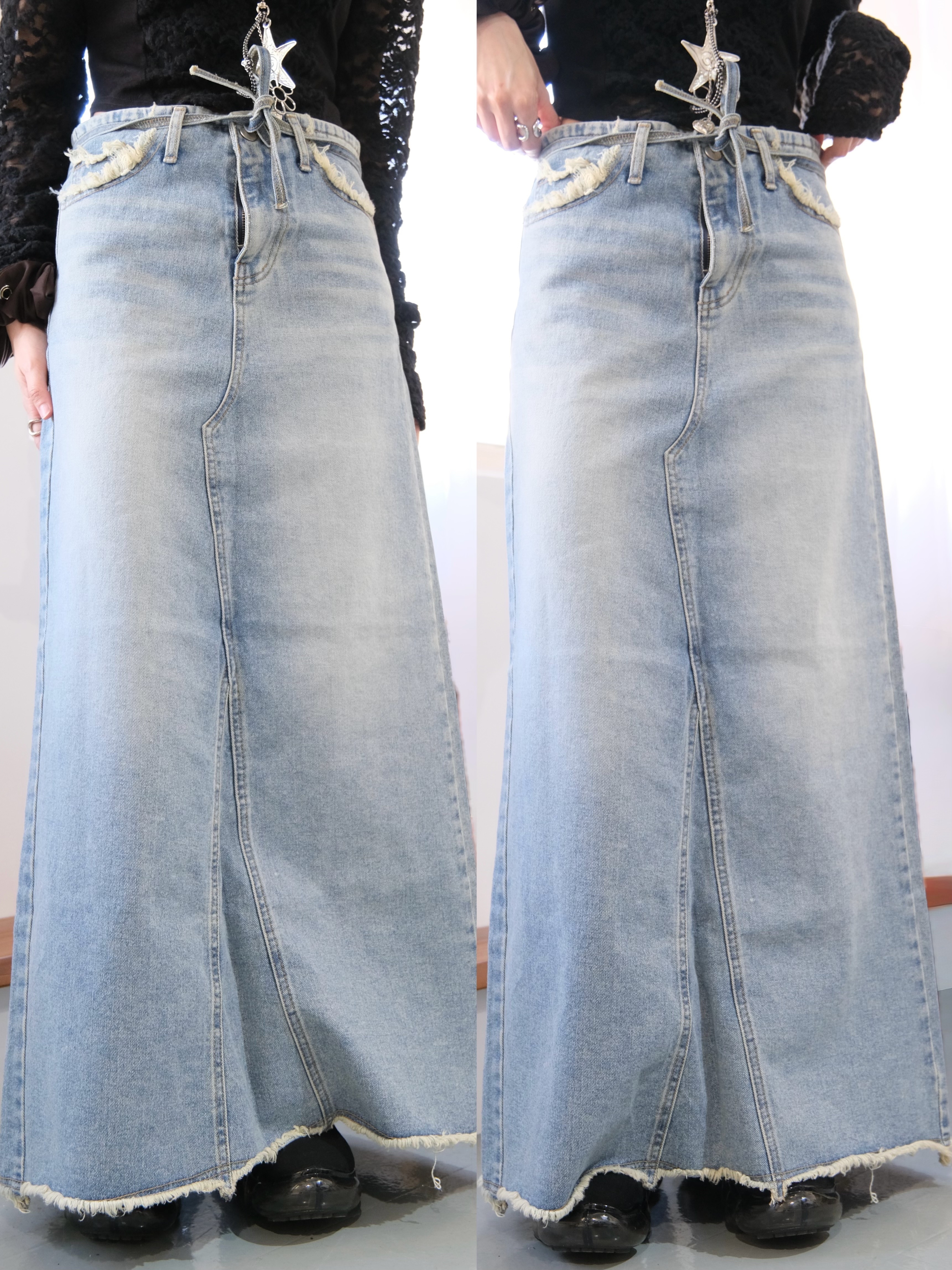 切邊soso配腰帶牛仔裙