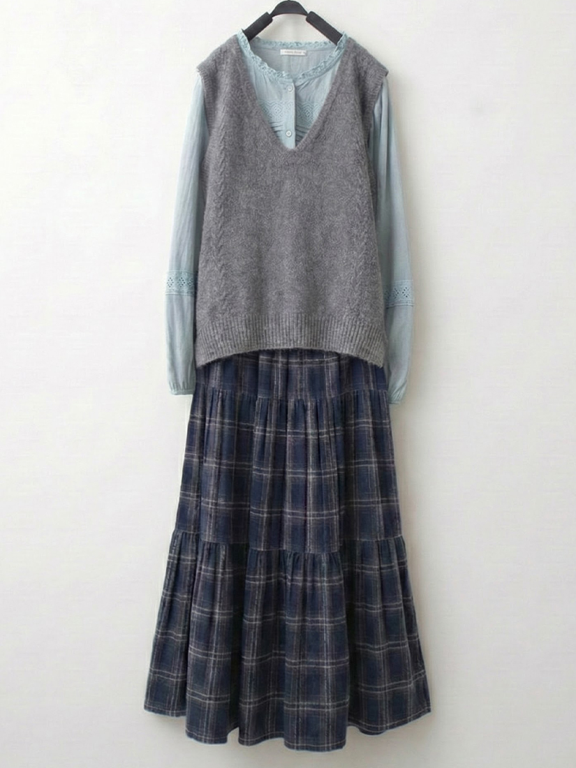 麻花開衩背心蕾絲條絨上衣格紋蛋糕裙組合