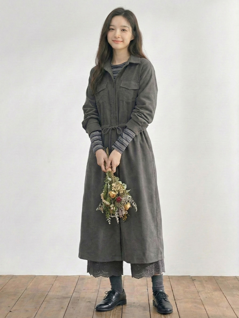 質感長版洋裝條紋內搭上衣純棉寬褲組合