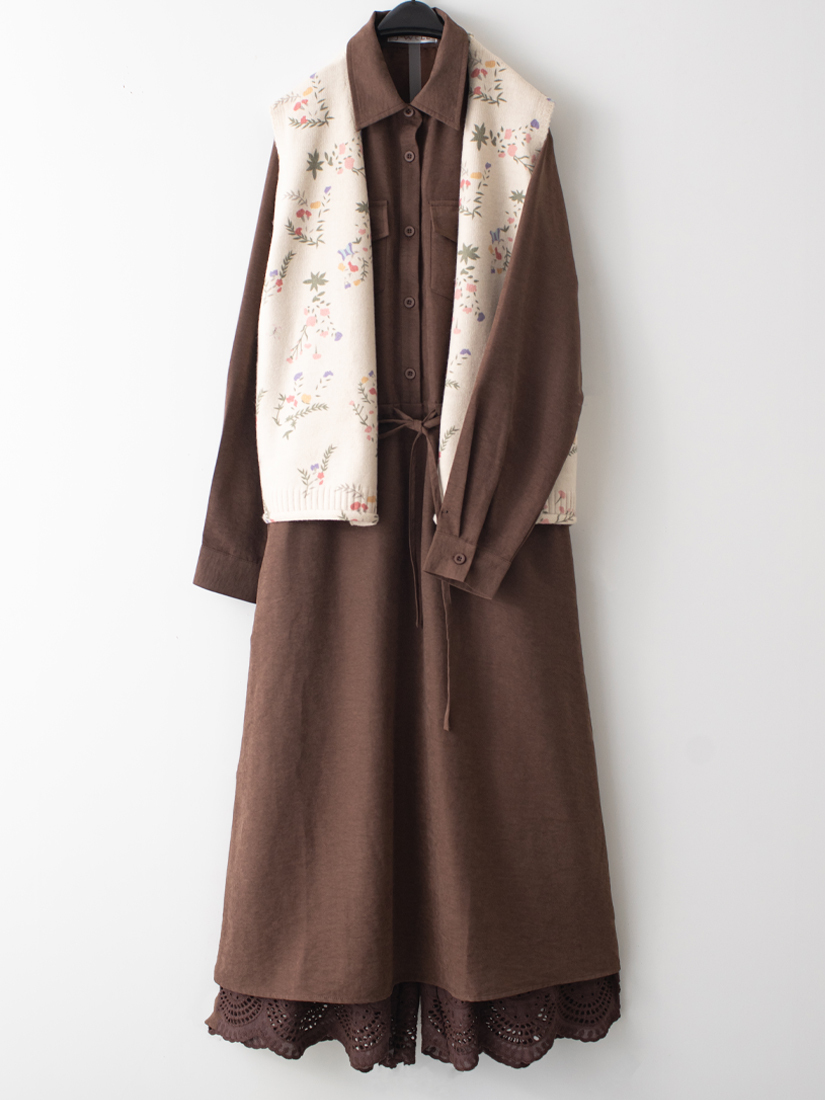 印花針織背心桃面絨洋裝純棉寬褲組合