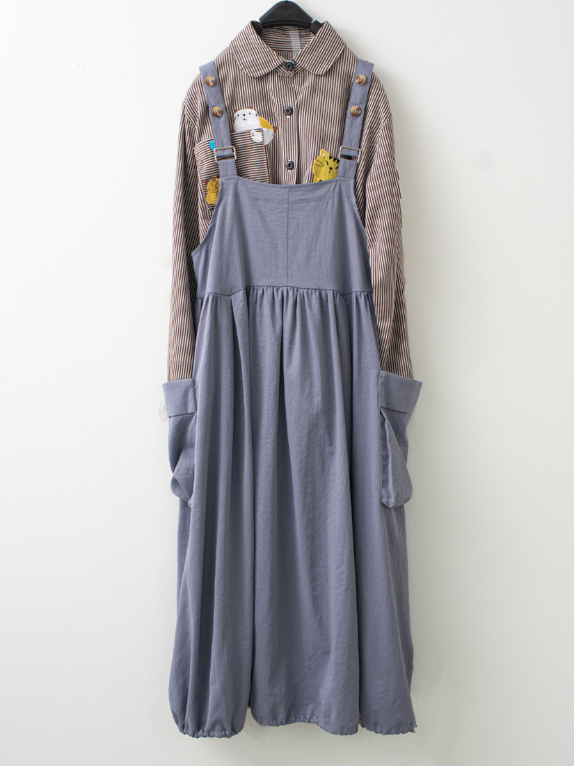 童趣條紋襯衫口袋花苞吊帶洋裝組合