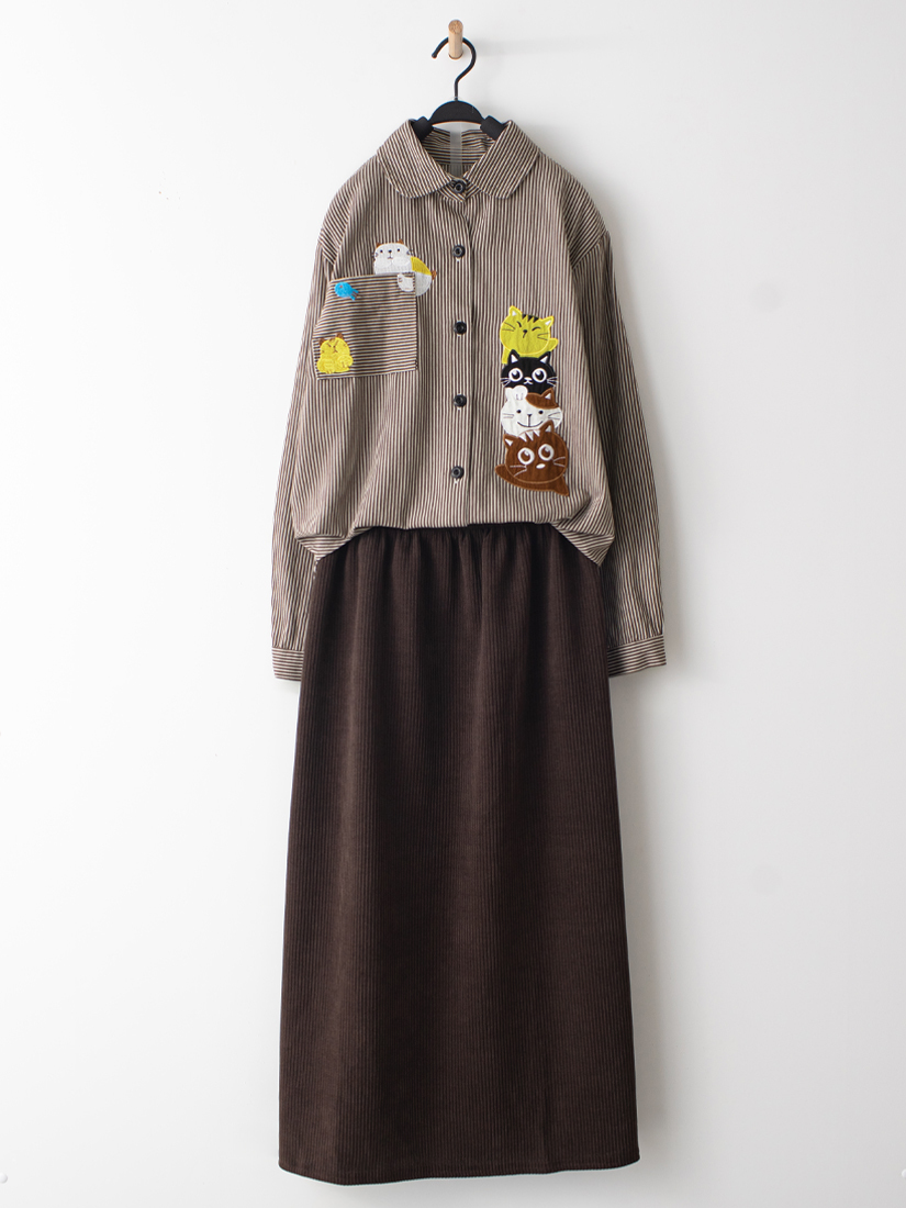 條紋牛津布襯衫高腰條絨直筒長裙組合