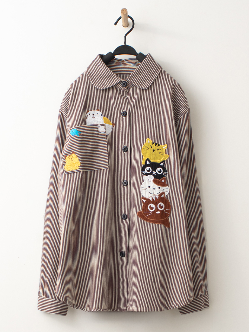 條紋牛津布襯衫高腰條絨直筒長裙組合