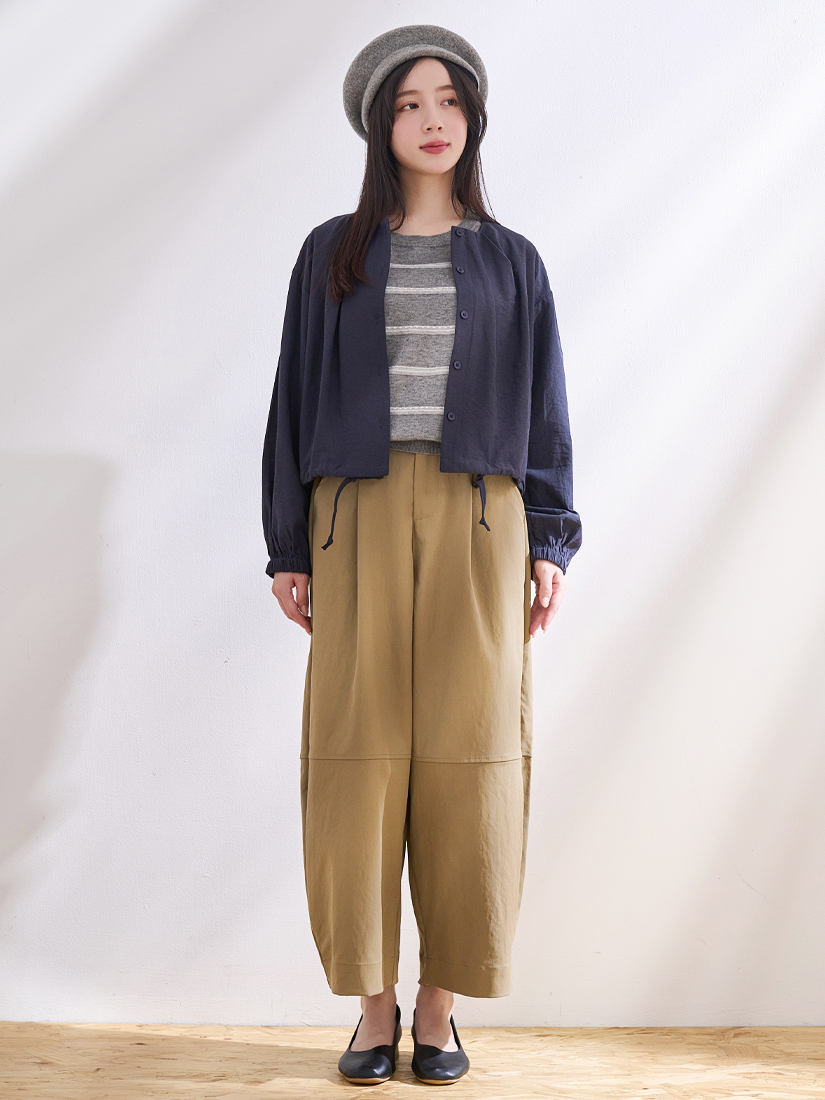 抓褶抽繩外套針織條紋上衣打褶繭型褲組合