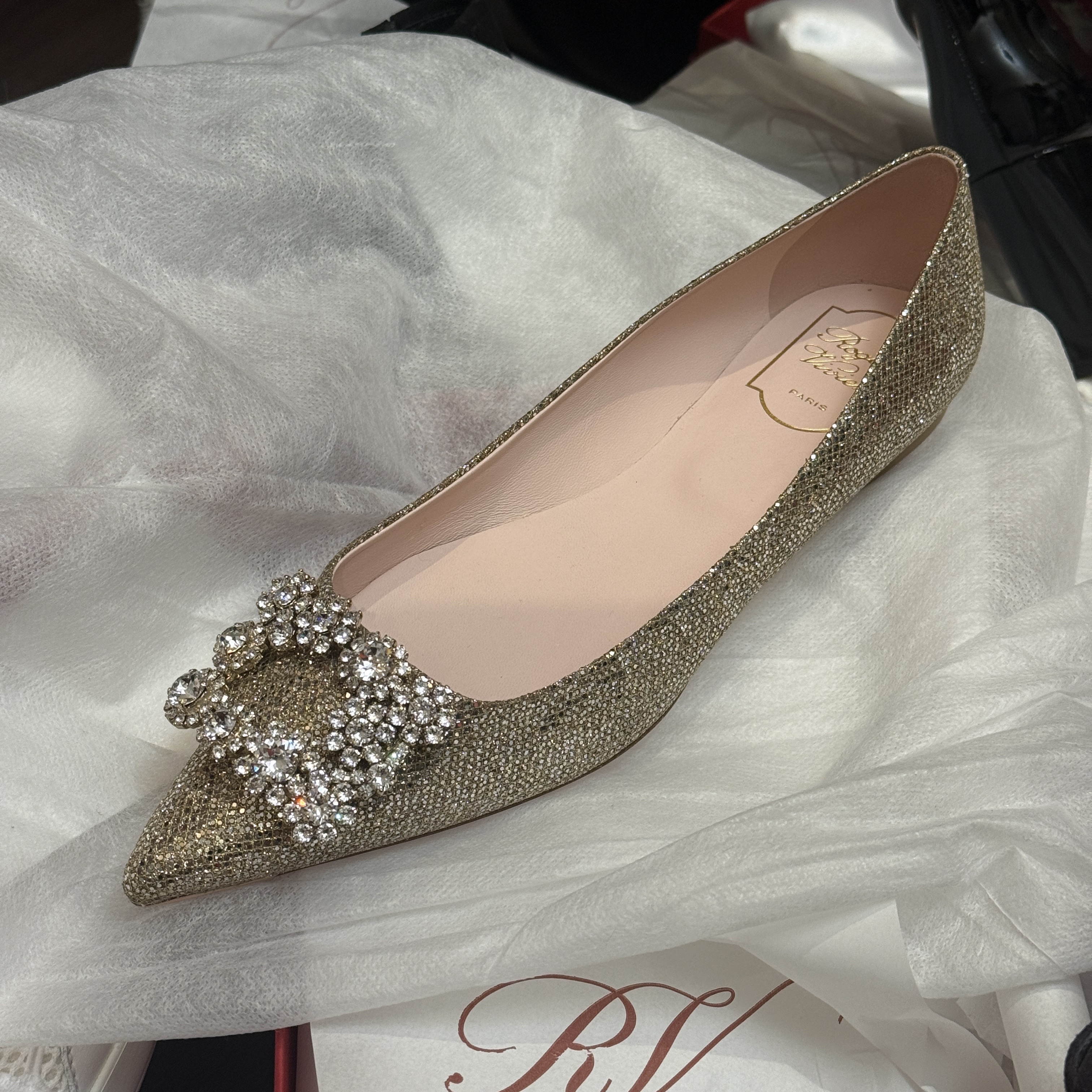 Roger Vivier RV flower strass flats glitter gold