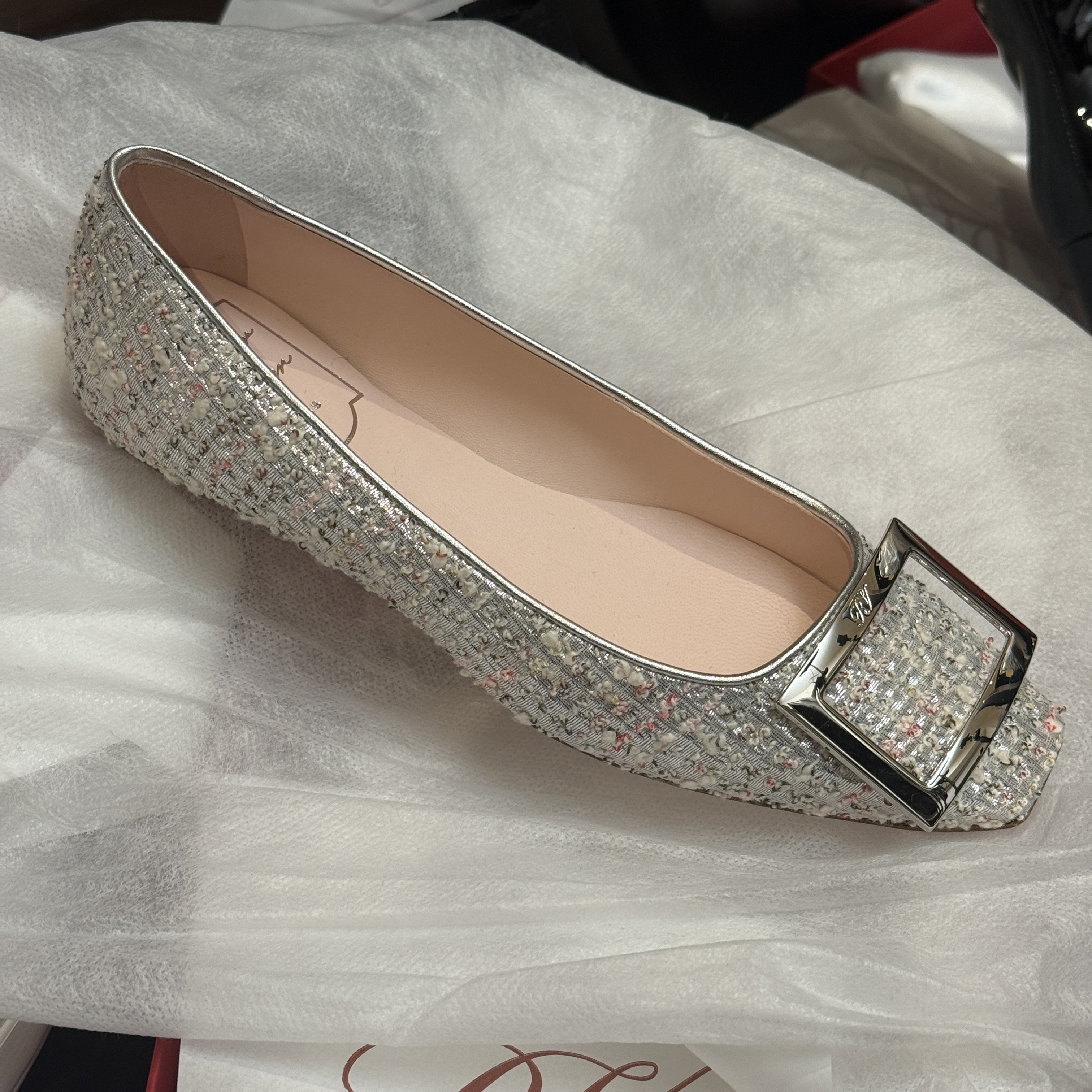Roger Vivier RV trompette piping ballerinas flats silver tweed