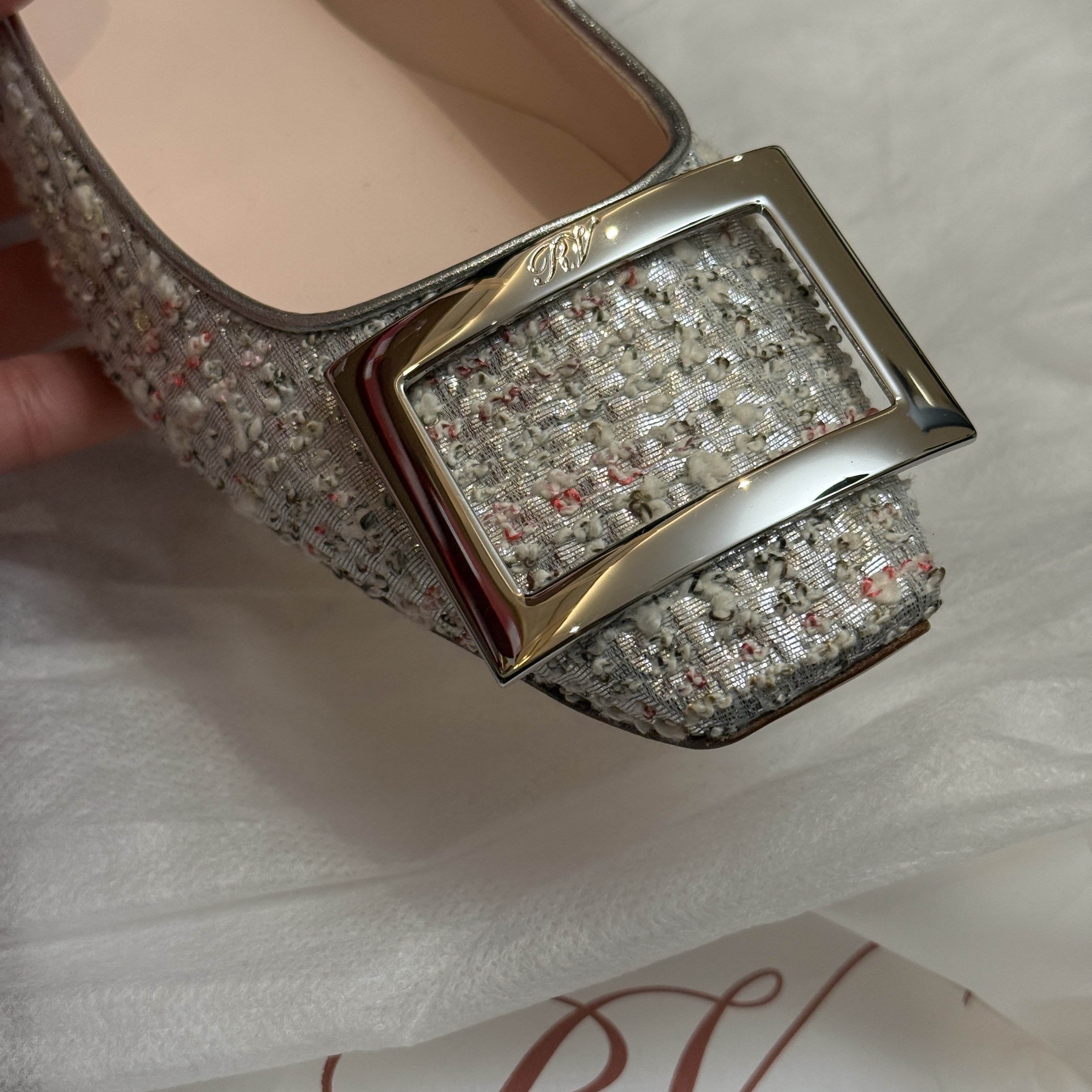 Roger Vivier RV trompette piping ballerinas flats silver tweed
