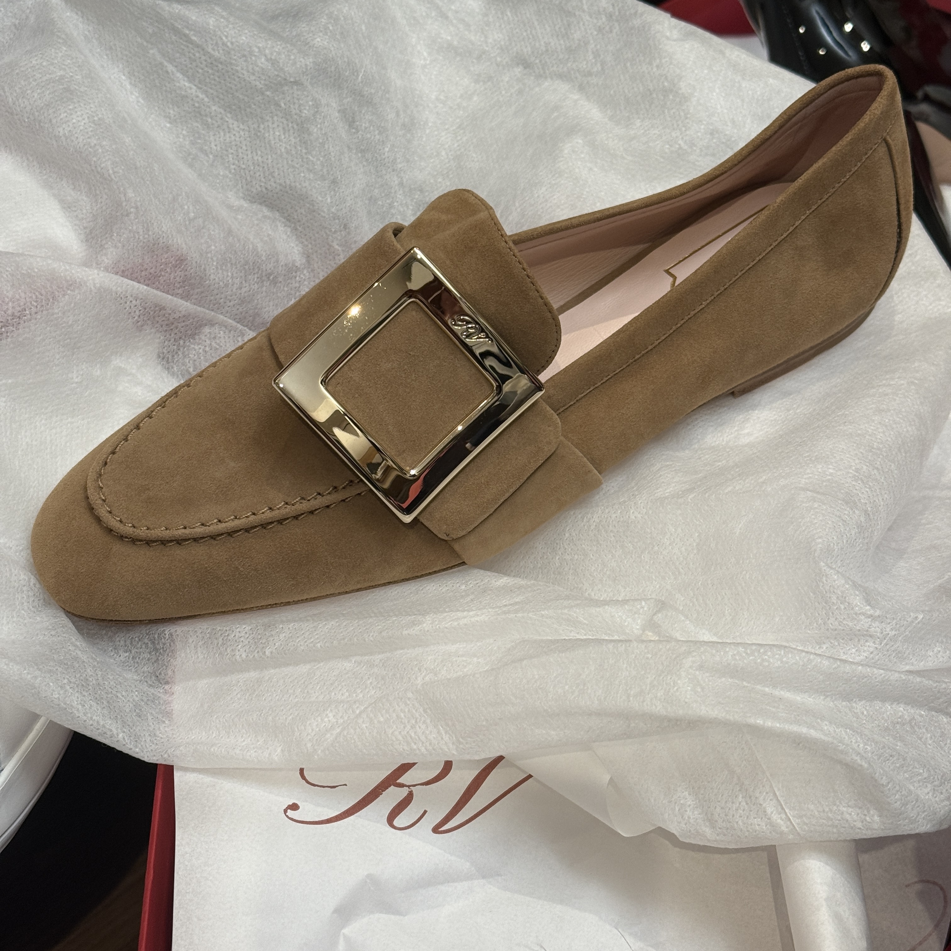 Roger Vivier RV metal buckle soft leather loafers tan