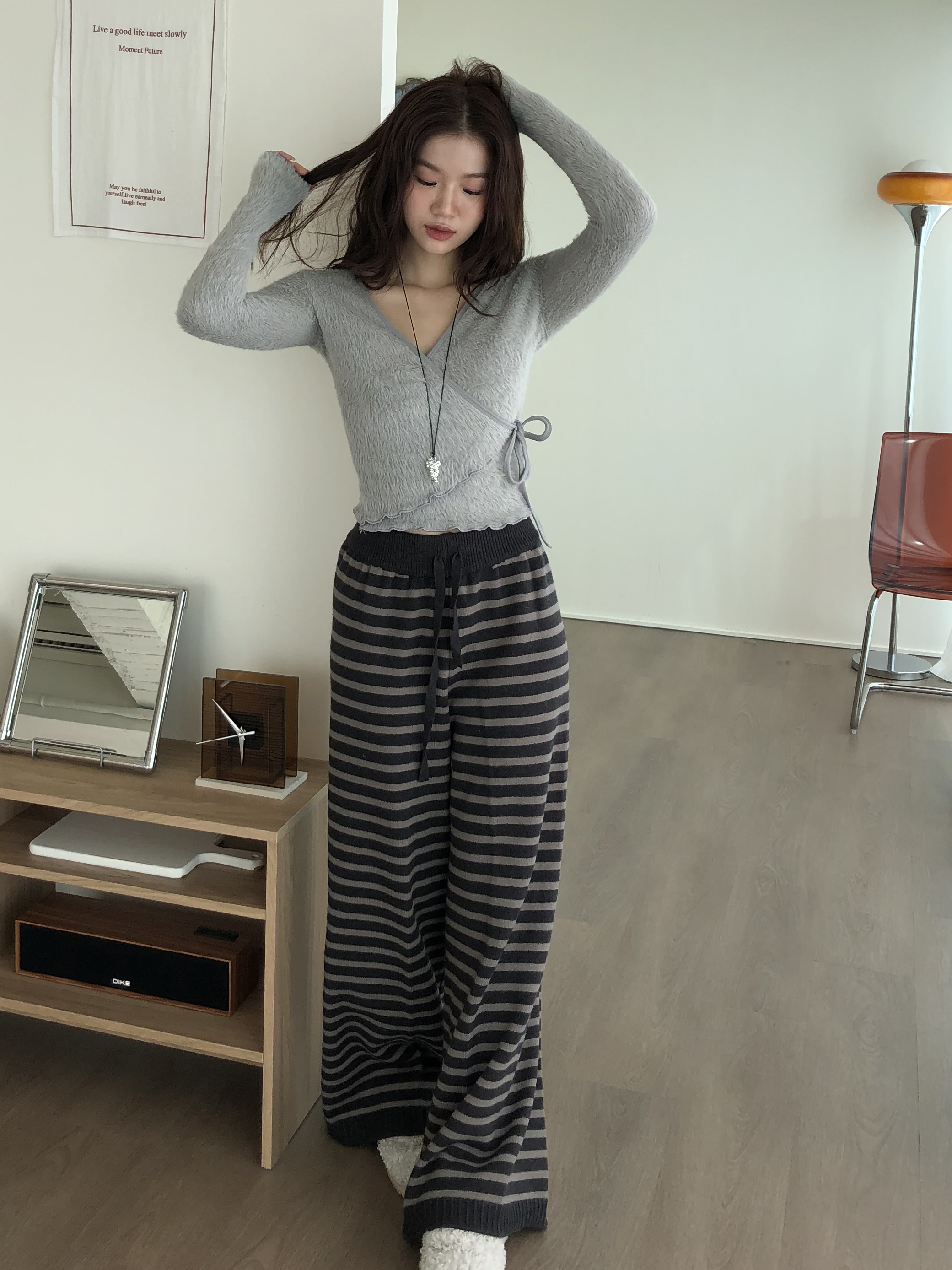 條紋針織寬褲 (售完不補)