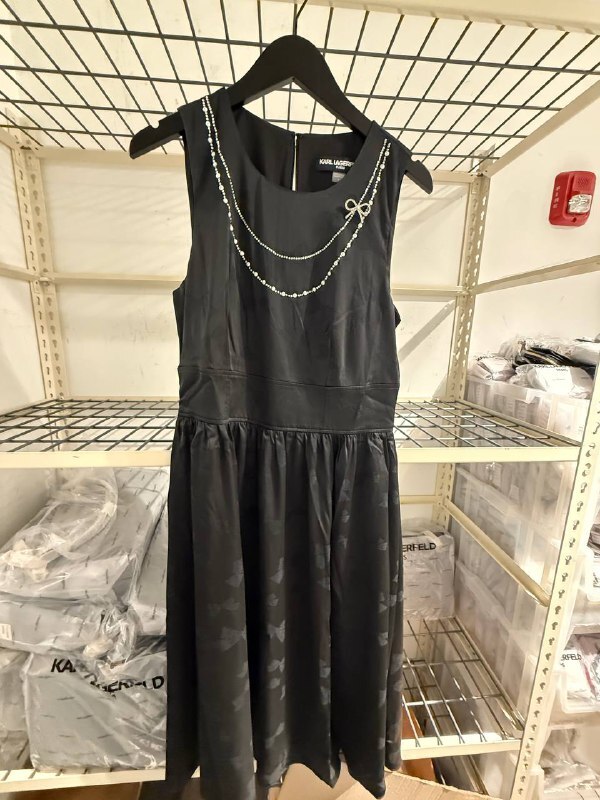 [U] KARL LAGERFELD BLACK WOMEN'S EMBELLISHED JACQUARD FIT AND FLARE DRESS, LD5D0K83-BLK (UKL111)