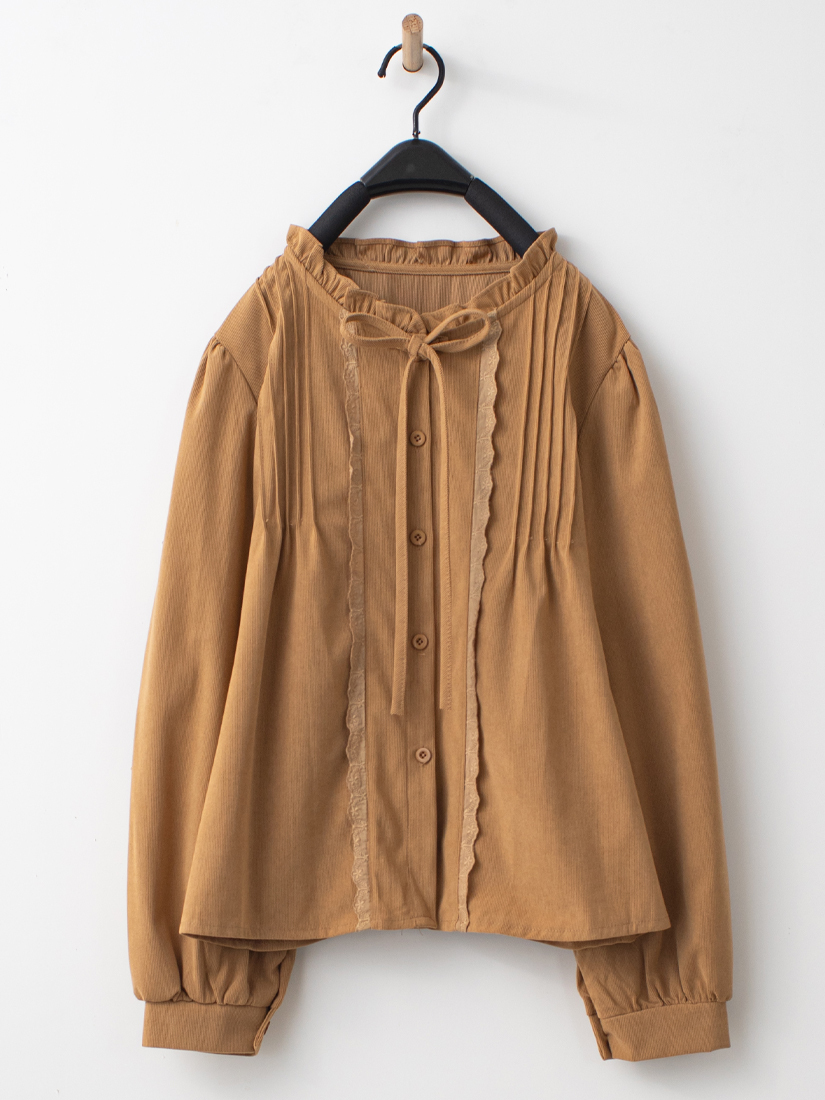 棉蕾絲織帶荷葉小立領綁帶蓬袖條絨上衣