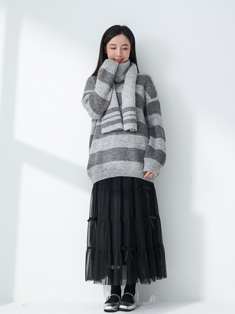 配色條紋粗針長版毛衣緞帶蝴蝶結蛋糕紗裙組合