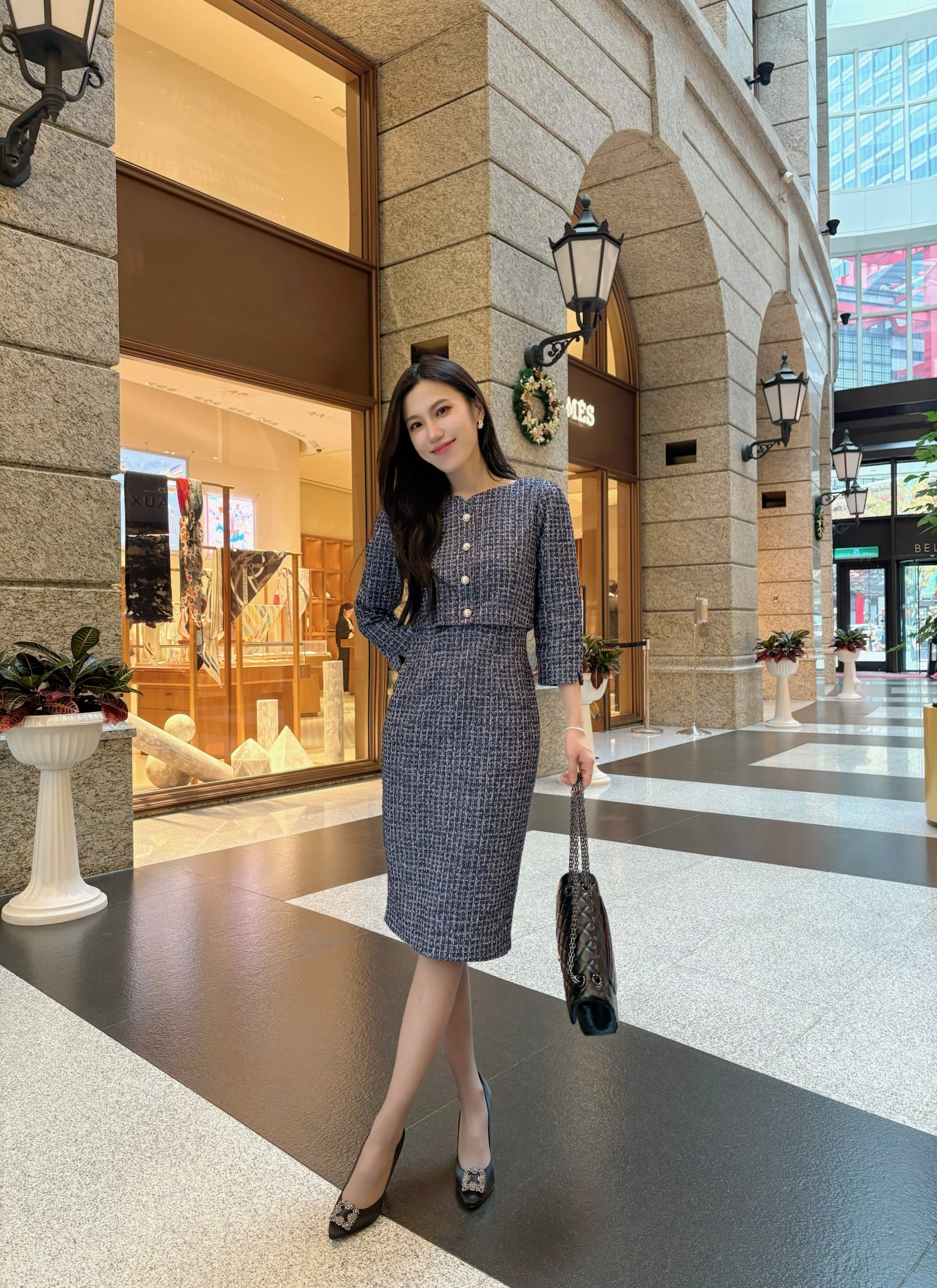 ( JS )小香風毛呢層次合身洋裝 - 深藍