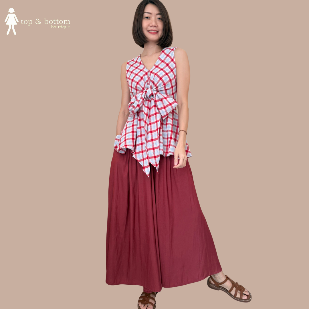 SLEEVELESS CHECKED WRAP AROUND BLOUSE