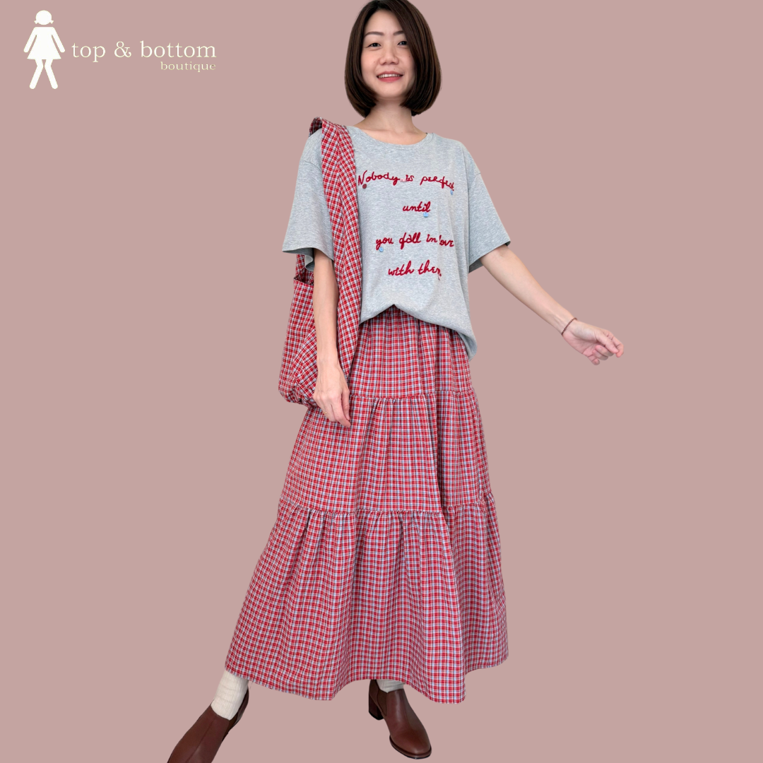 WORDING TEE & CHECKED LONG SKIRT & BAG SET SUIT