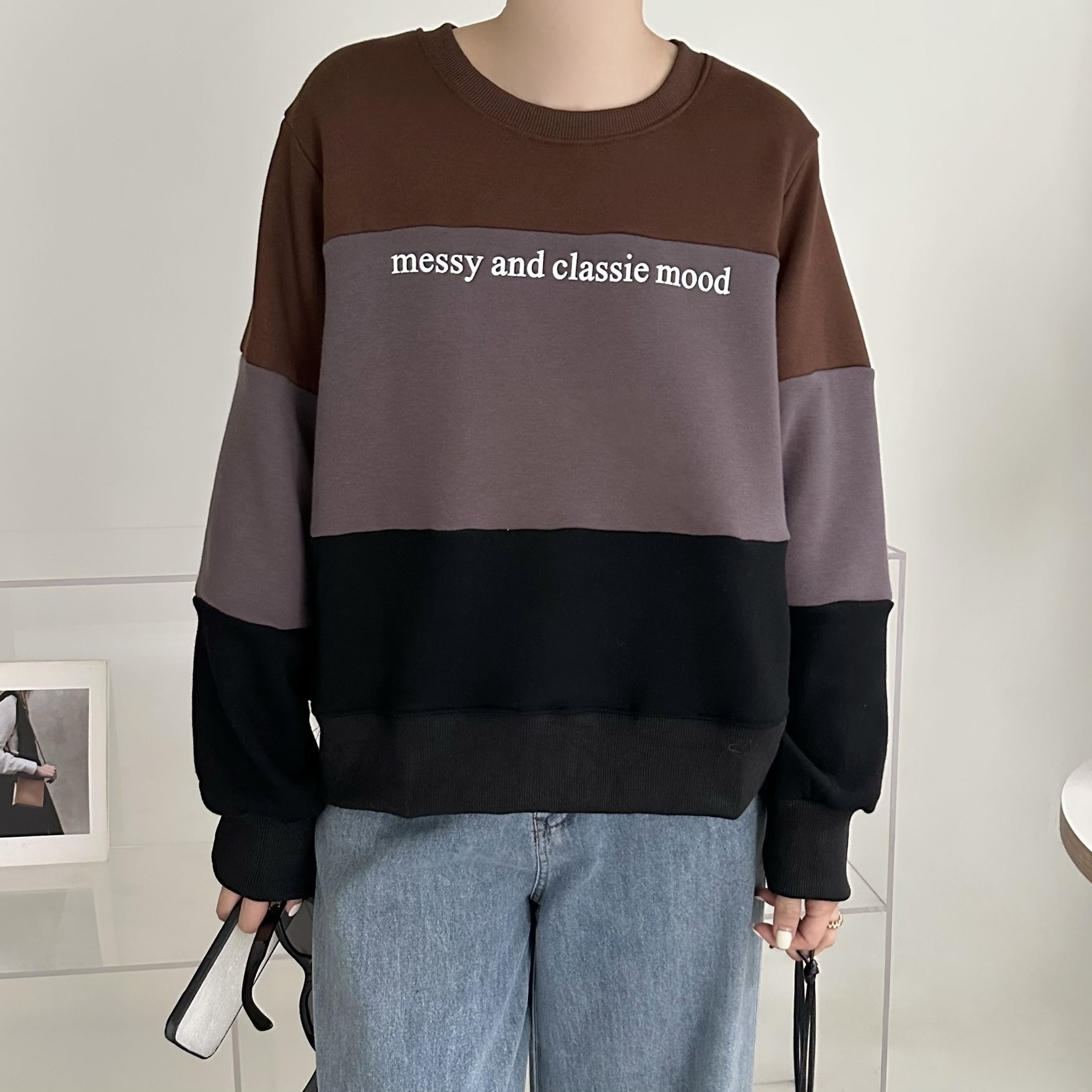 【BONNIE】三拼色絲絨毛底衛衣