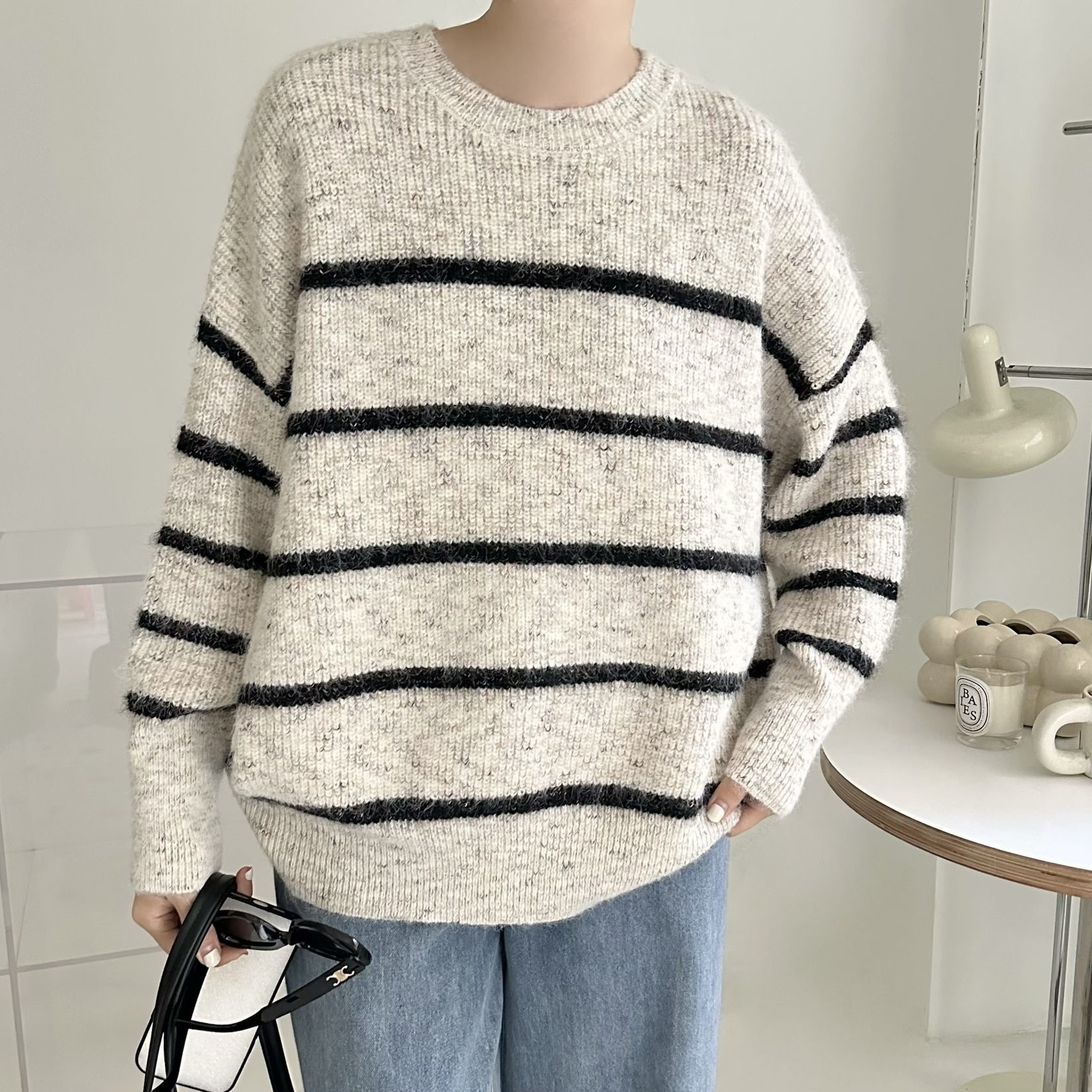 【BONNIE】橫間寛鬆圓領混色毛衣