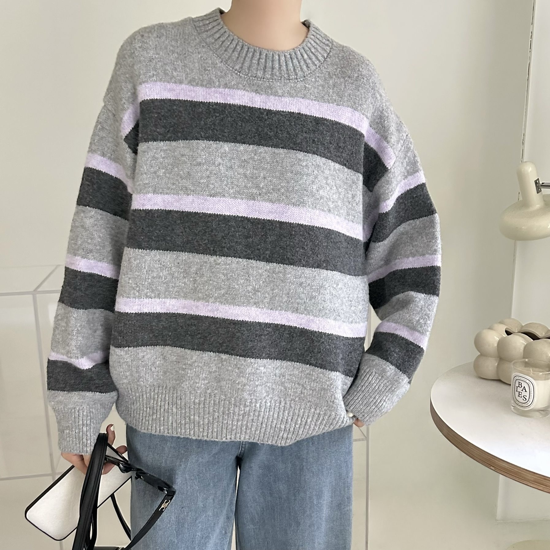 【BONNIE】拼色橫間圓領毛衣