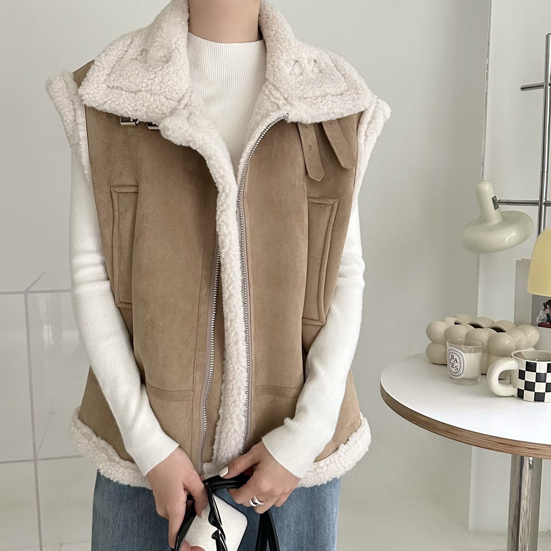 【BONNIE】羔毛麂皮拉鏈背心