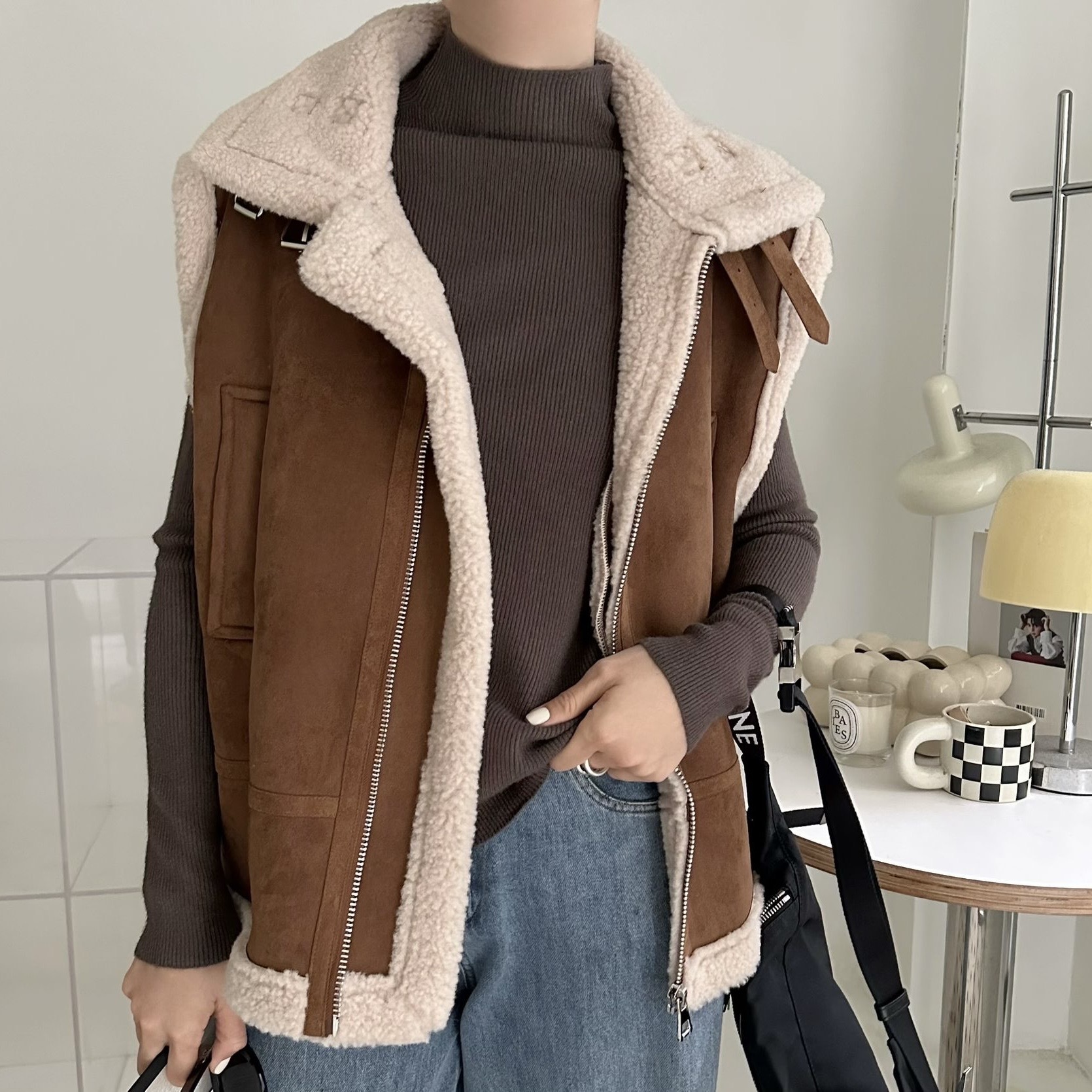 【BONNIE】羔毛麂皮拉鏈背心