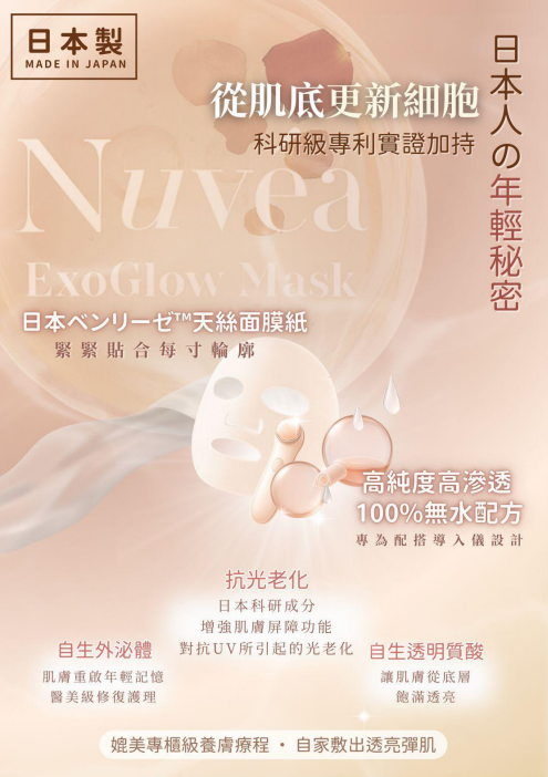 UV02 Nuvea ExoGlow Mask 精華滲面膜1盒5片 原價$880 直播價$780 買4送1$3120(每盒平均 $624) 日本制造