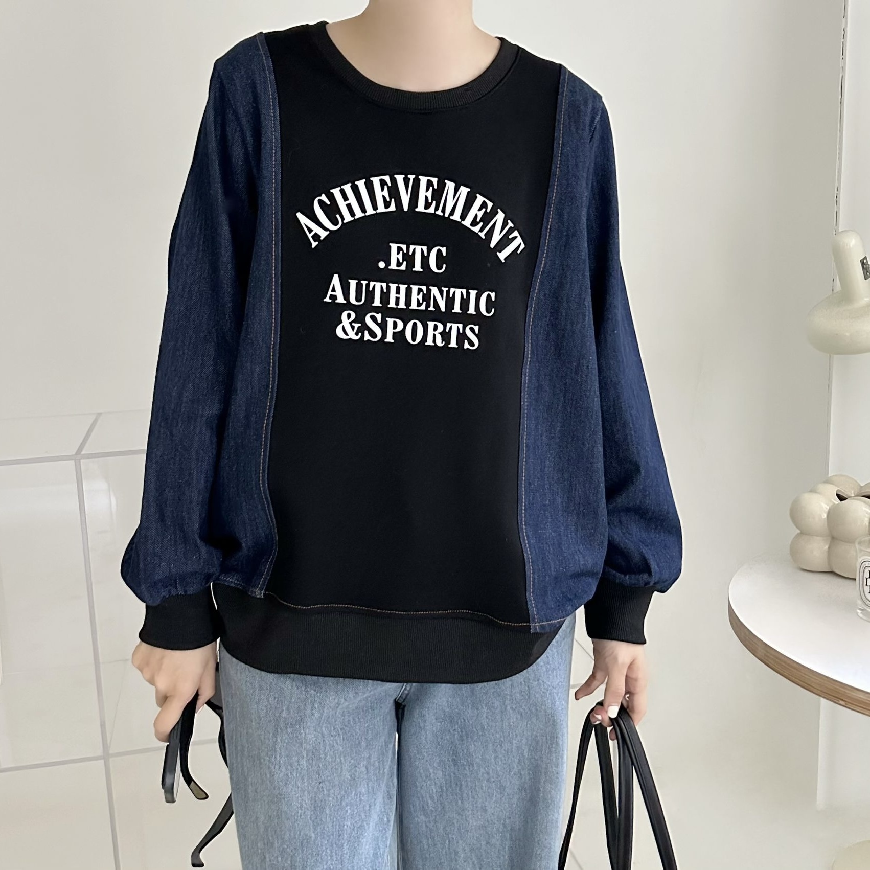 【BONNIE】牛仔手袖印字珠地衛衣