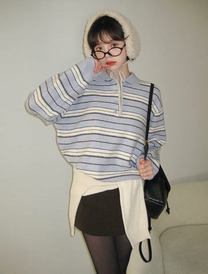 【7/1完額外95折優惠預訂】KR STRIPE COLLAR NECK KNIT SWEATER（5色）