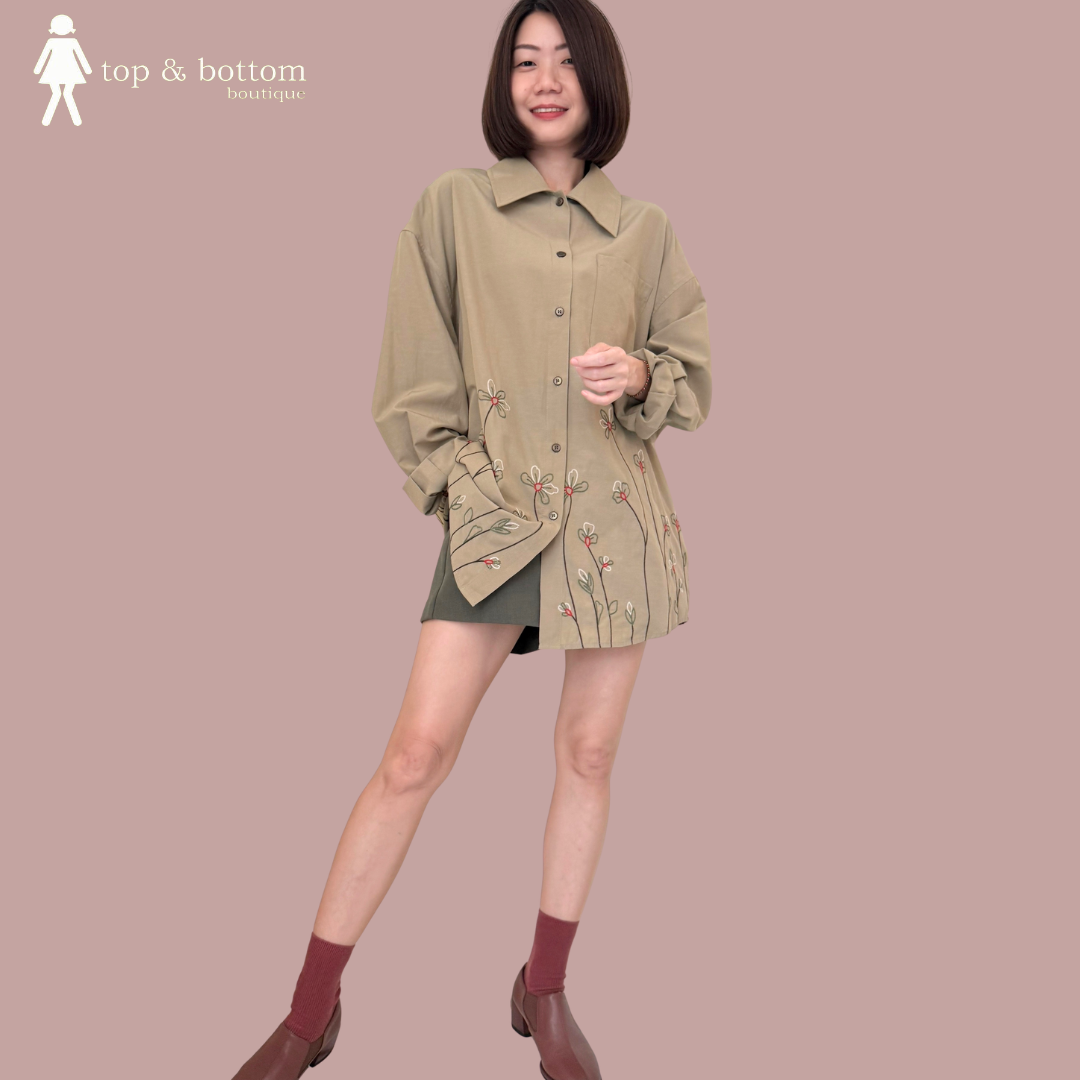 LONG SLEEVE EMBROIDERED FLOWER POCKET OVERSIZE SHIRT