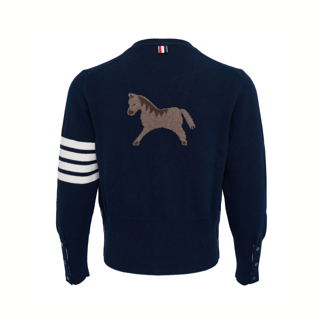 1FF0101-137 [THOM BROWNE] Lny Jersey Intarsia Classic Fit V Neck C Navy (SS26) #MKC624A-Y1029-415 (C-EU-E)