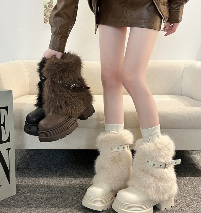 甜酷皮釦毛絨靴