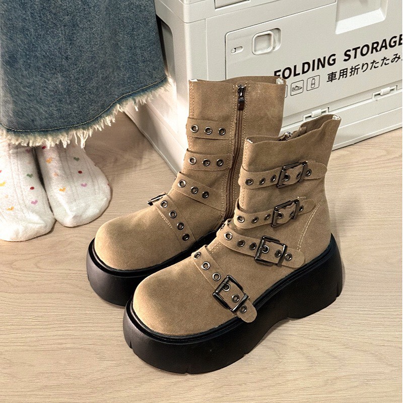 絨面三皮釦厚底靴