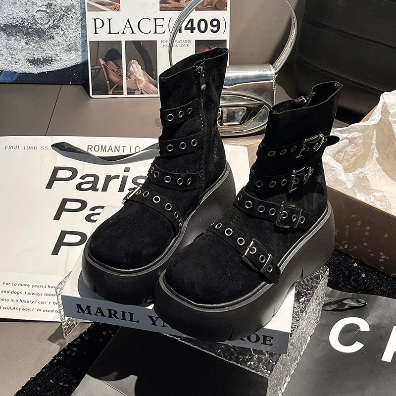 絨面三皮釦厚底靴