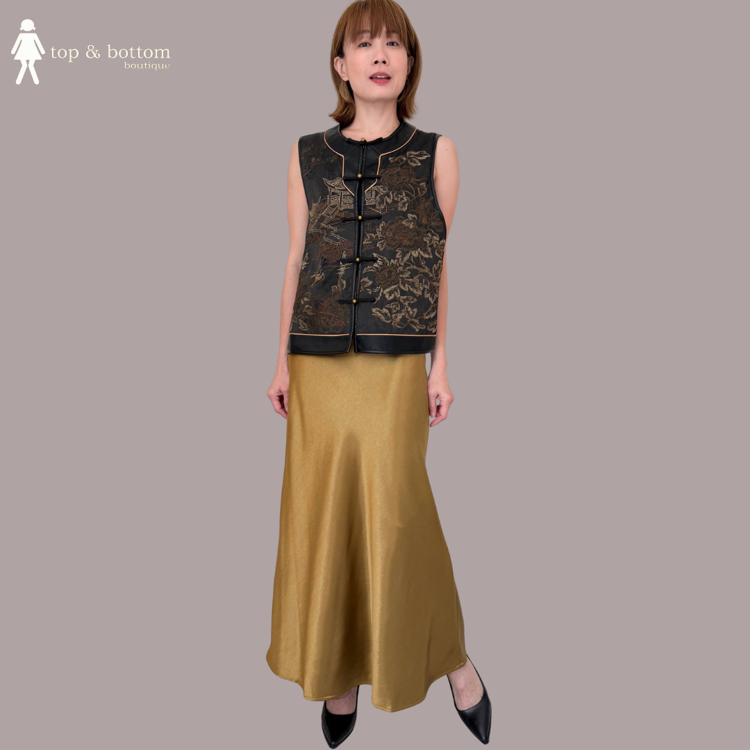 BLACK LEATHER VEST WITH GOLD EMBROIDERY