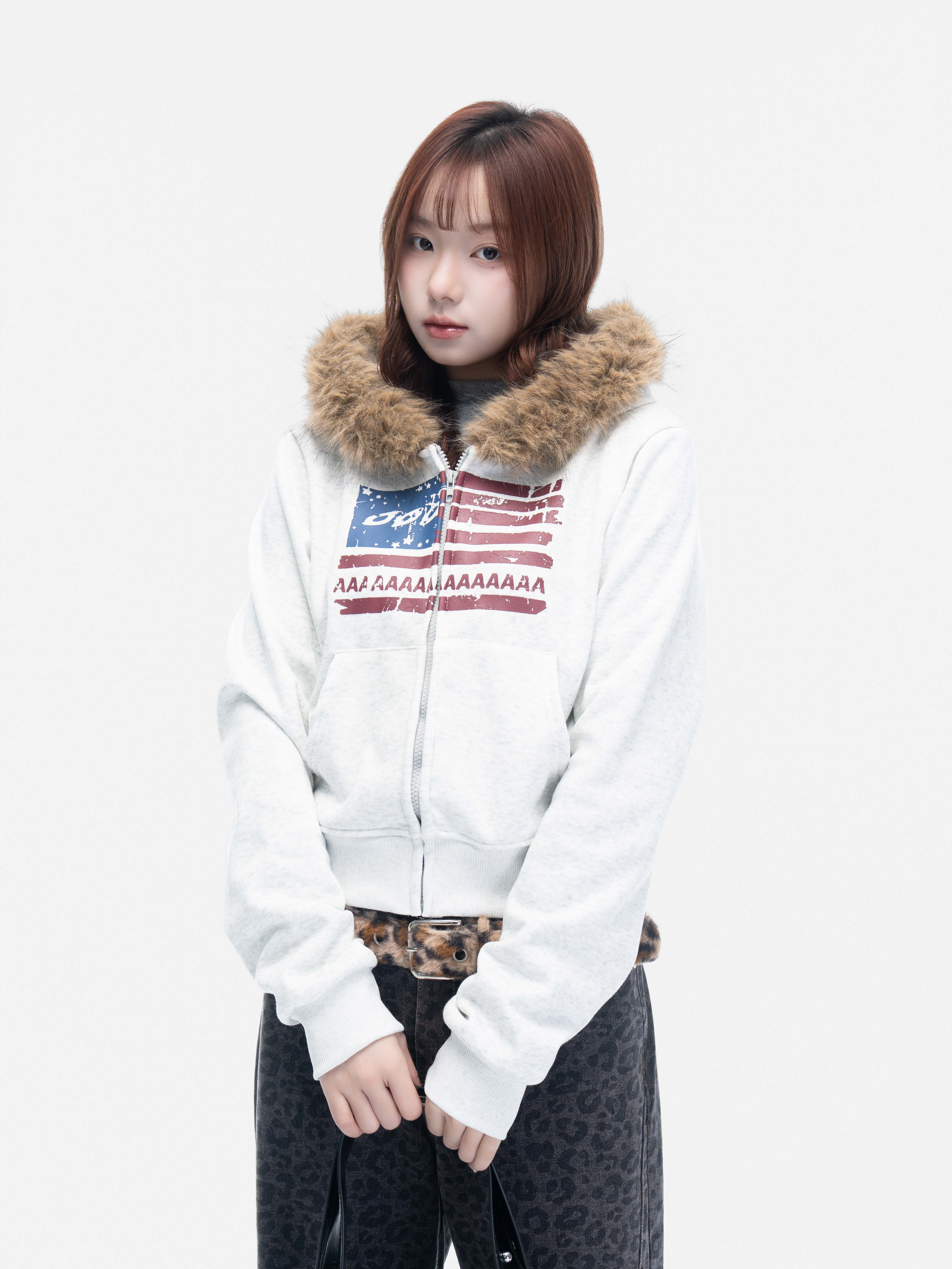 VIVID 斑駁 國旗 絨毛 短版 連帽 棉外套