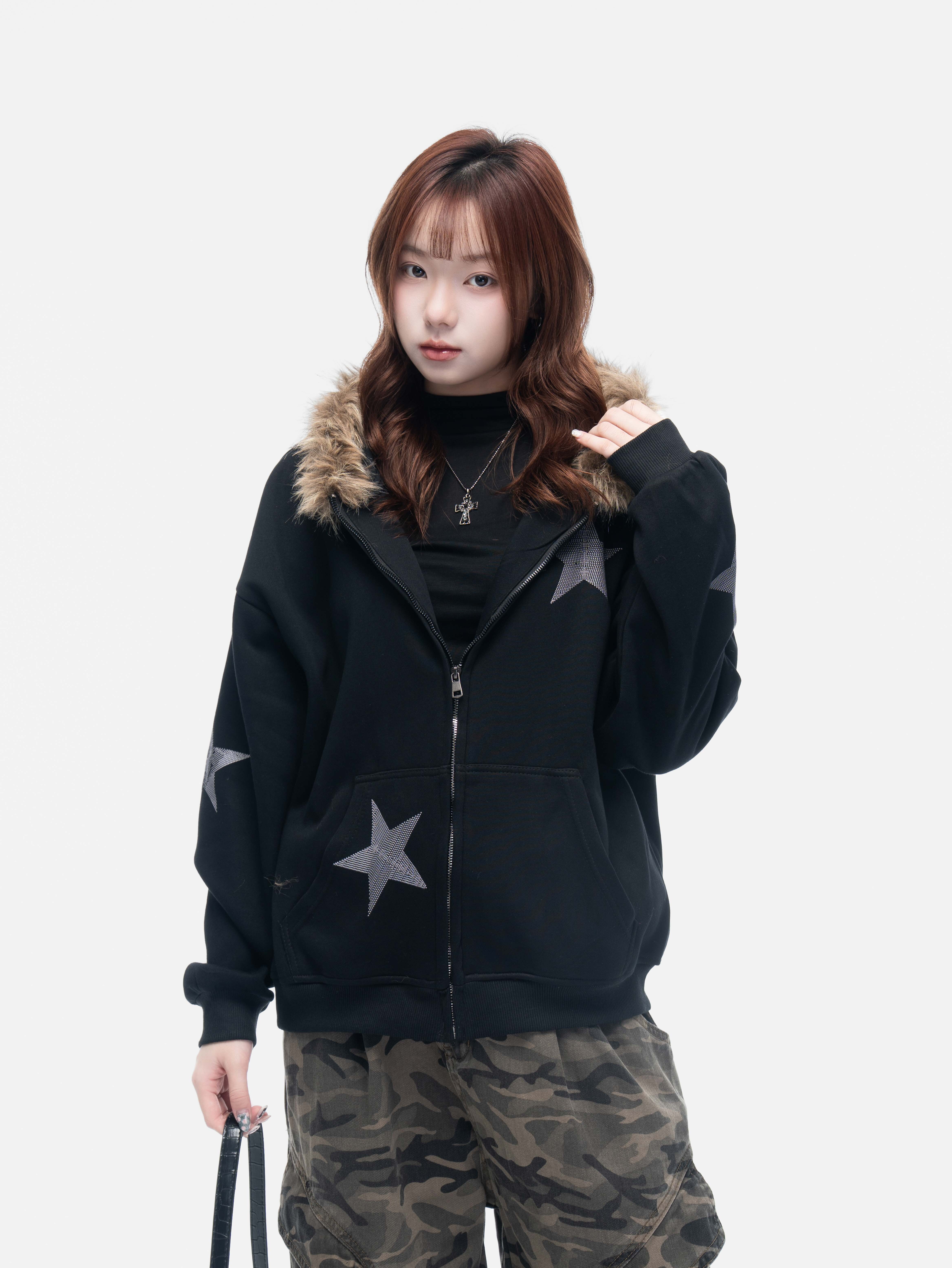 VIVID 美式 貼鑽 星星 絨毛 連帽 棉外套