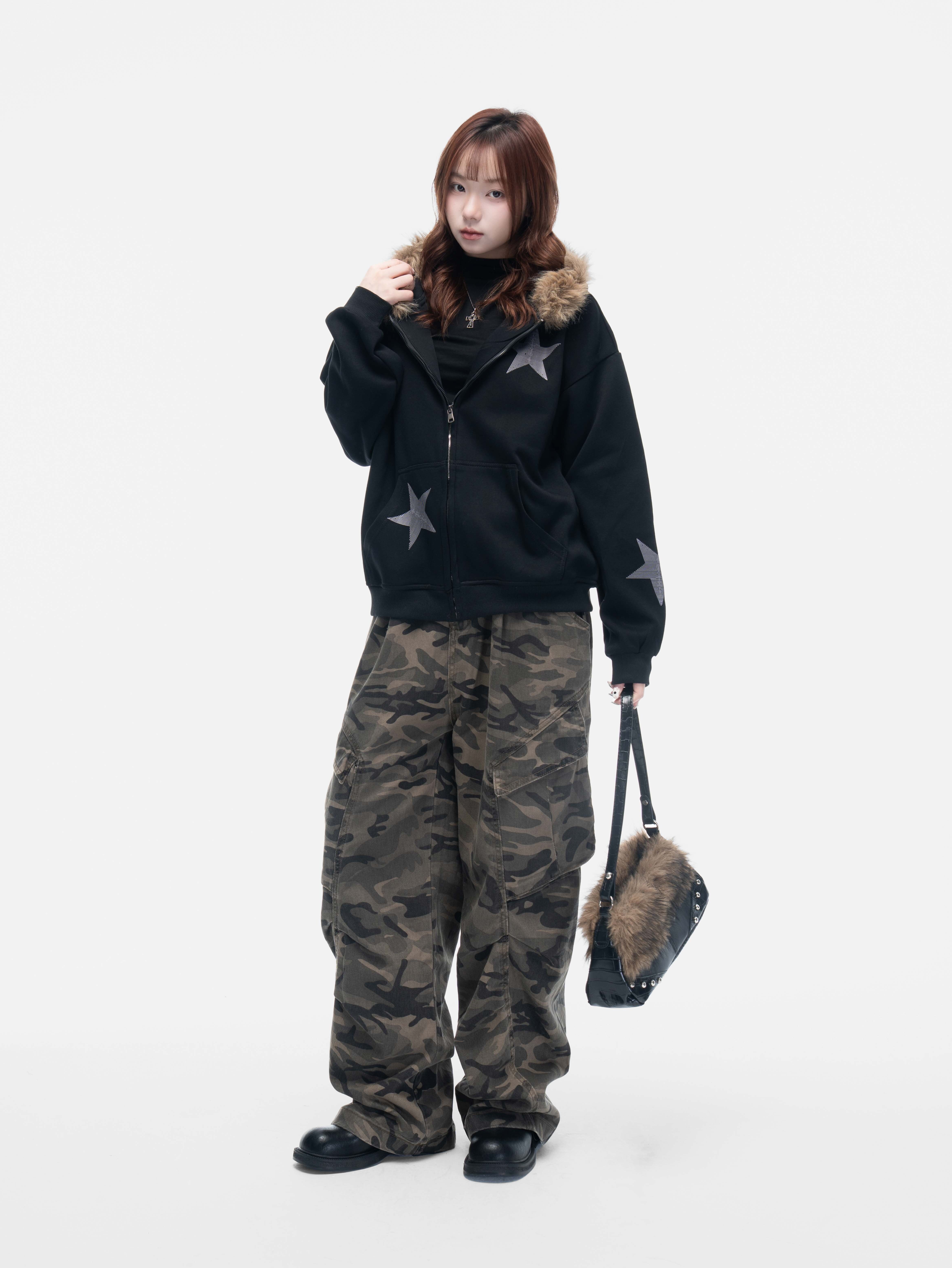 VIVID 美式 貼鑽 星星 絨毛 連帽 棉外套